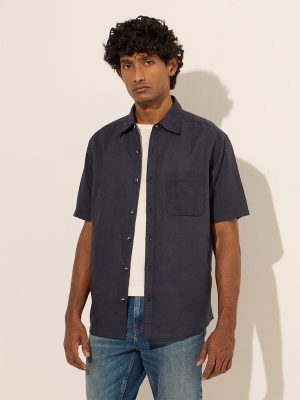 WES Casuals Navy Relaxed-Fit Linen-Blend Shirt