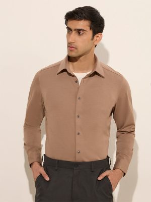 WES Formals Brown Slim-Fit Cotton-Blend Shirt