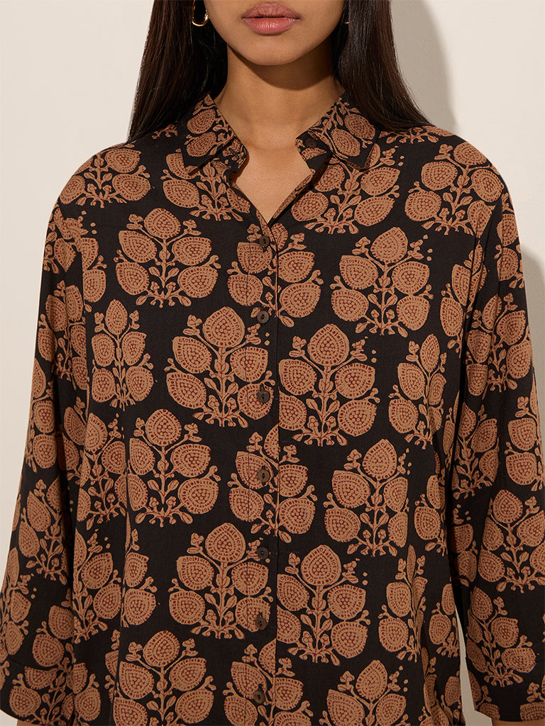 Utsa Black Foliage Printed Straight Tunic - Image 2