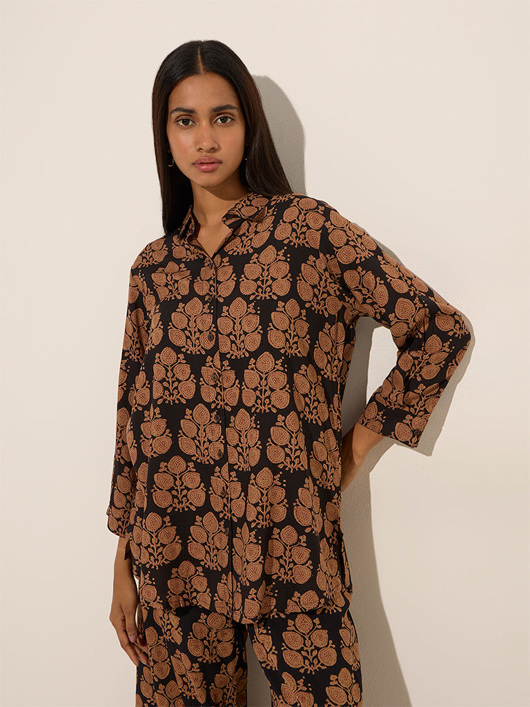 Utsa Black Foliage Printed Straight Tunic - Image 3