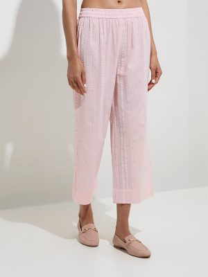 Zuba Pink Seersucker Striped Cotton Ethnic Pants
