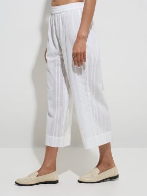Zuba White Seersucker Striped Cotton Ethnic Pants