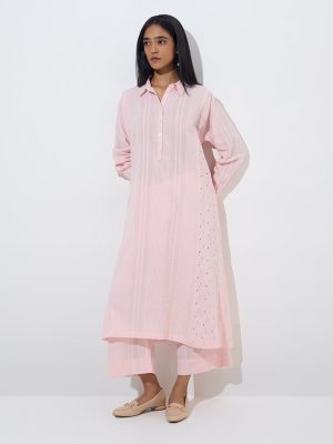 Zuba Light Pink Seersucker Cotton A-Line Kurta
