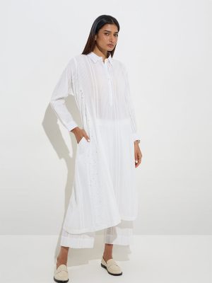Zuba White Seersucker Striped Cotton A-Line Kurta