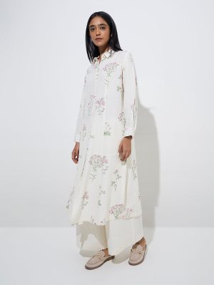 Zuba Off-White Floral Printed A-Line Kurta