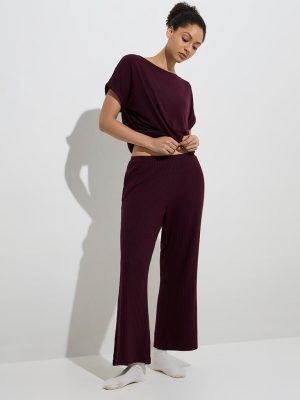 Wunderlove Plum Ribbed High-Rise Cotton-Blend Lounge Pants