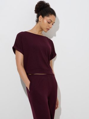 Wunderlove Plum Ribbed-Textured Cotton-Blend T-Shirt