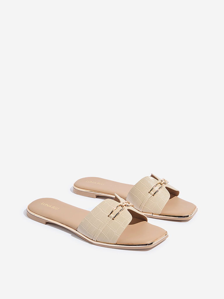LUNA BLU Beige Metal-Detailed Textured Slides - Image 2