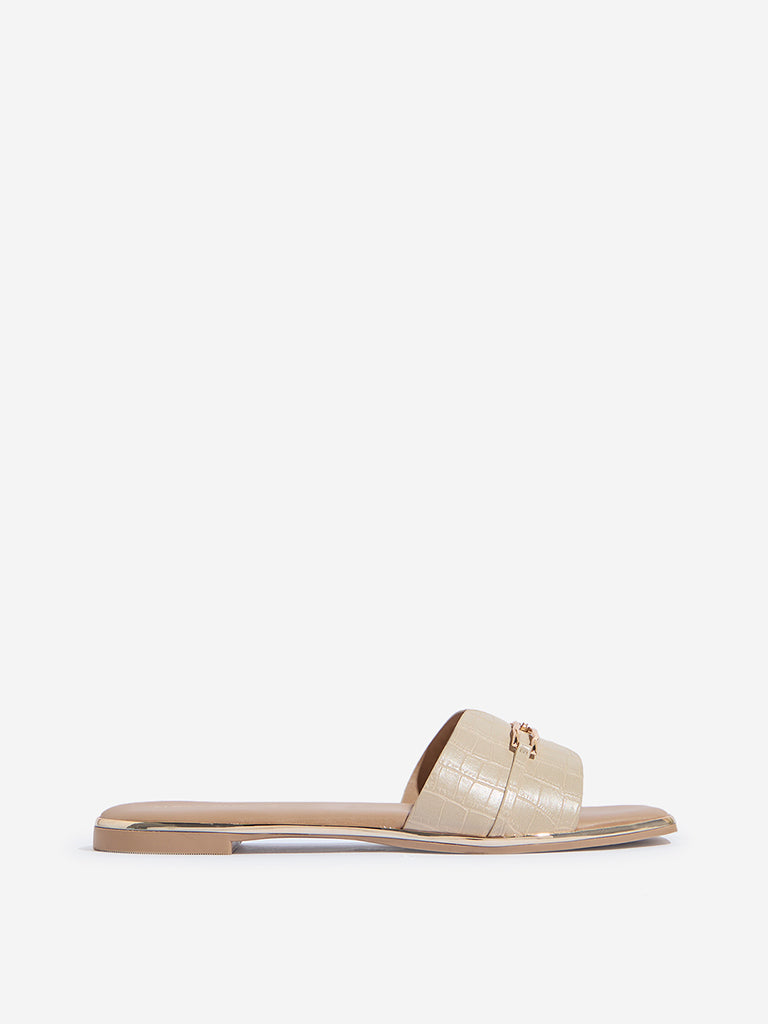 LUNA BLU Beige Metal-Detailed Textured Slides
