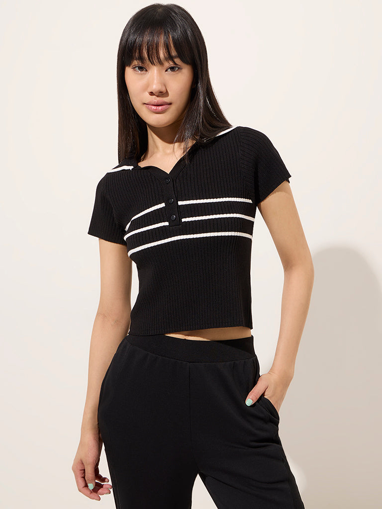 Studiofit Black Ribbed-Textured T-Shirt