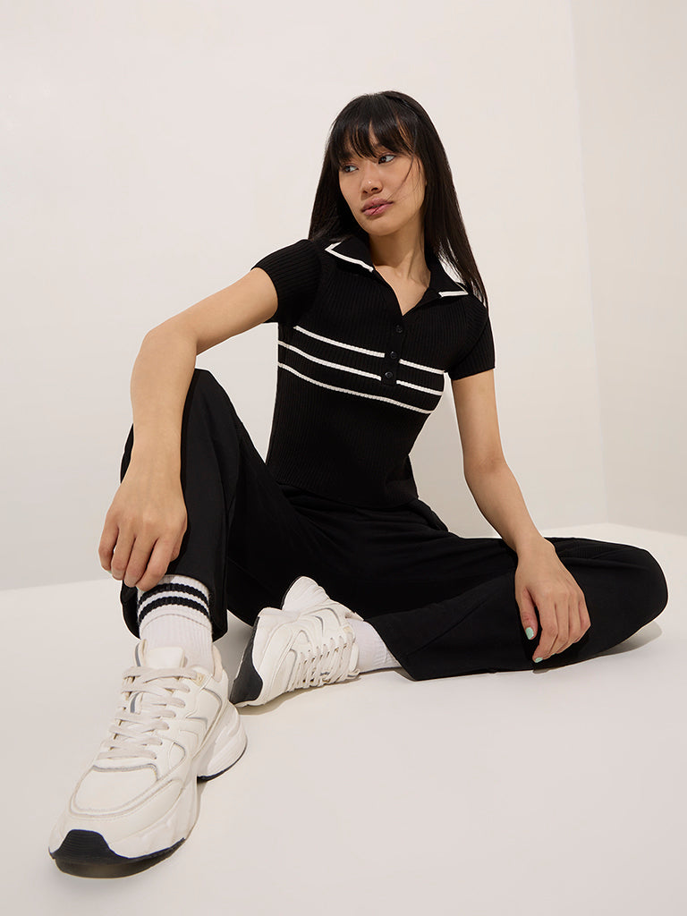 Studiofit Black Ribbed-Textured T-Shirt - Image 4