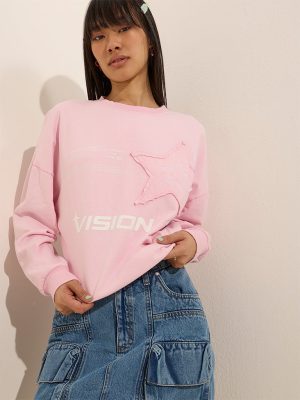 Nuon Pink Text Print Cotton Sweatshirt