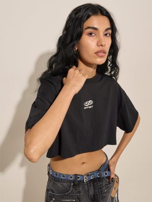 Nuon Black Printed Cotton-Blend Crop T-Shirt