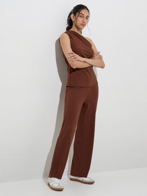 LOV Brown Ribbed-Textured Cotton-Blend High-Rise Pants