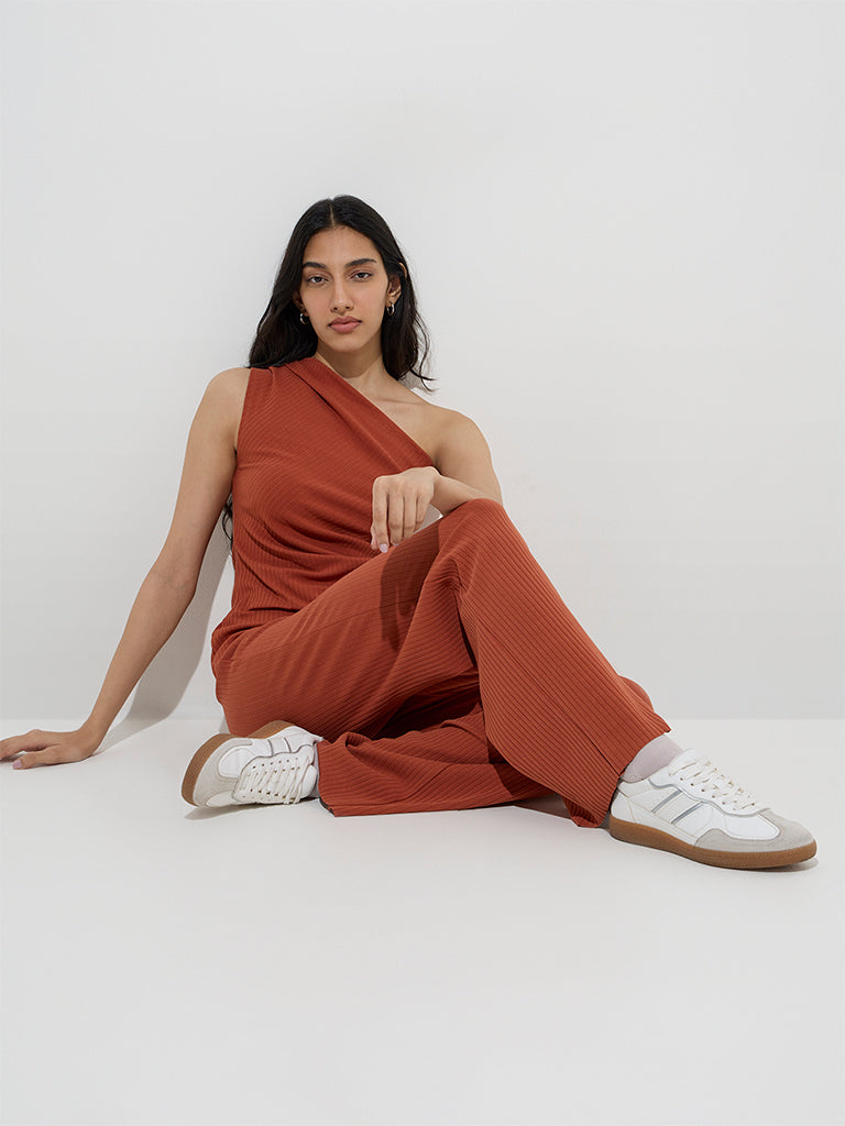 LOV Rust Ribbed-Textured Cotton-Blend High-Rise Pants
