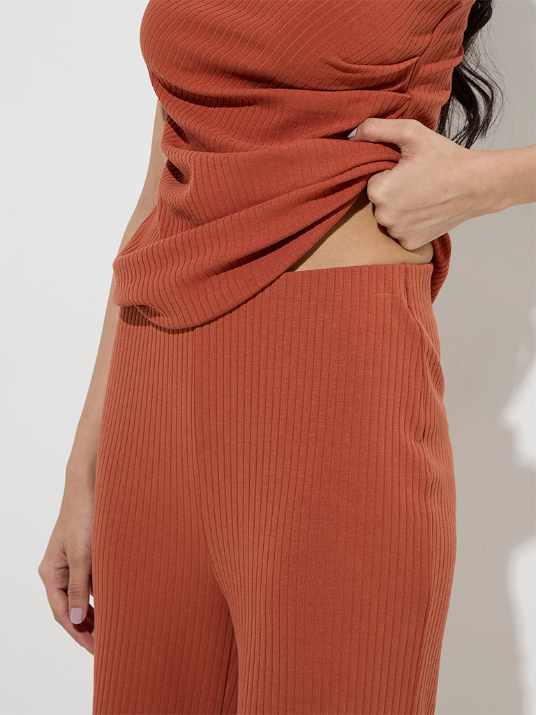 LOV Rust Ribbed-Textured Cotton-Blend High-Rise Pants - Image 3