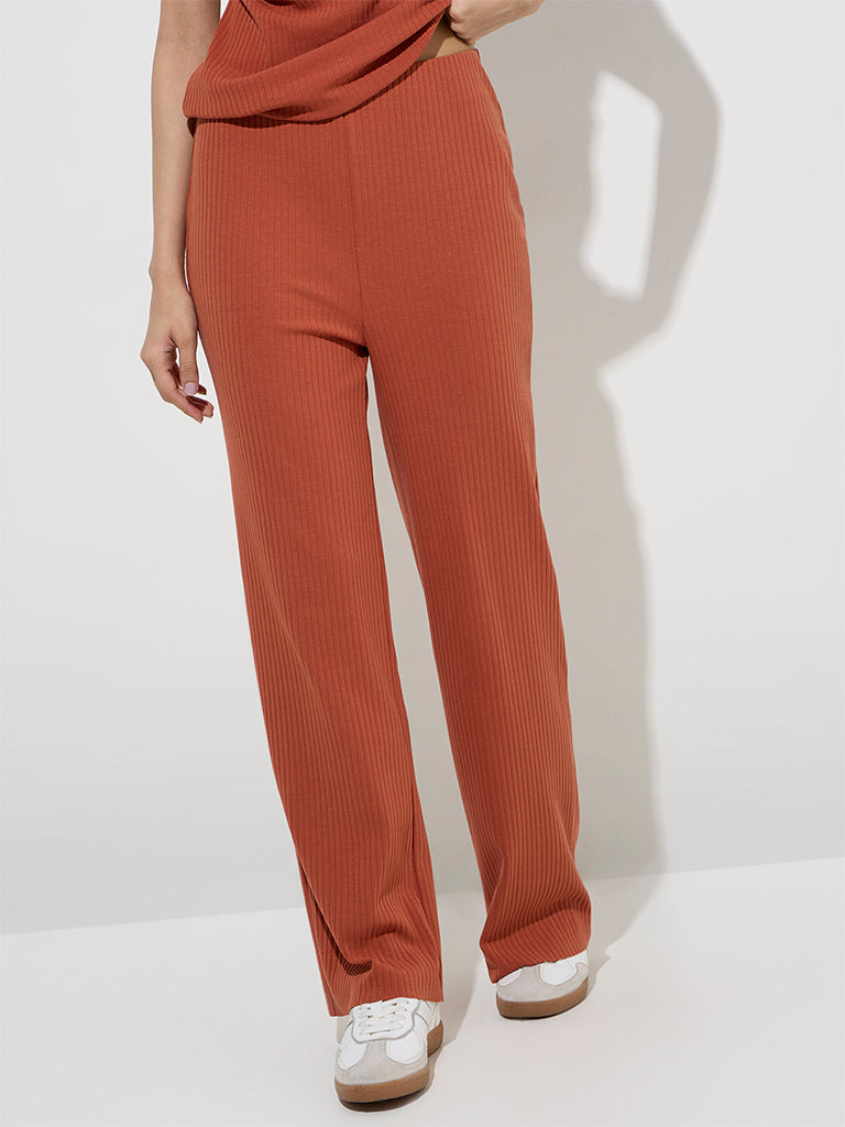 LOV Rust Ribbed-Textured Cotton-Blend High-Rise Pants - Image 4