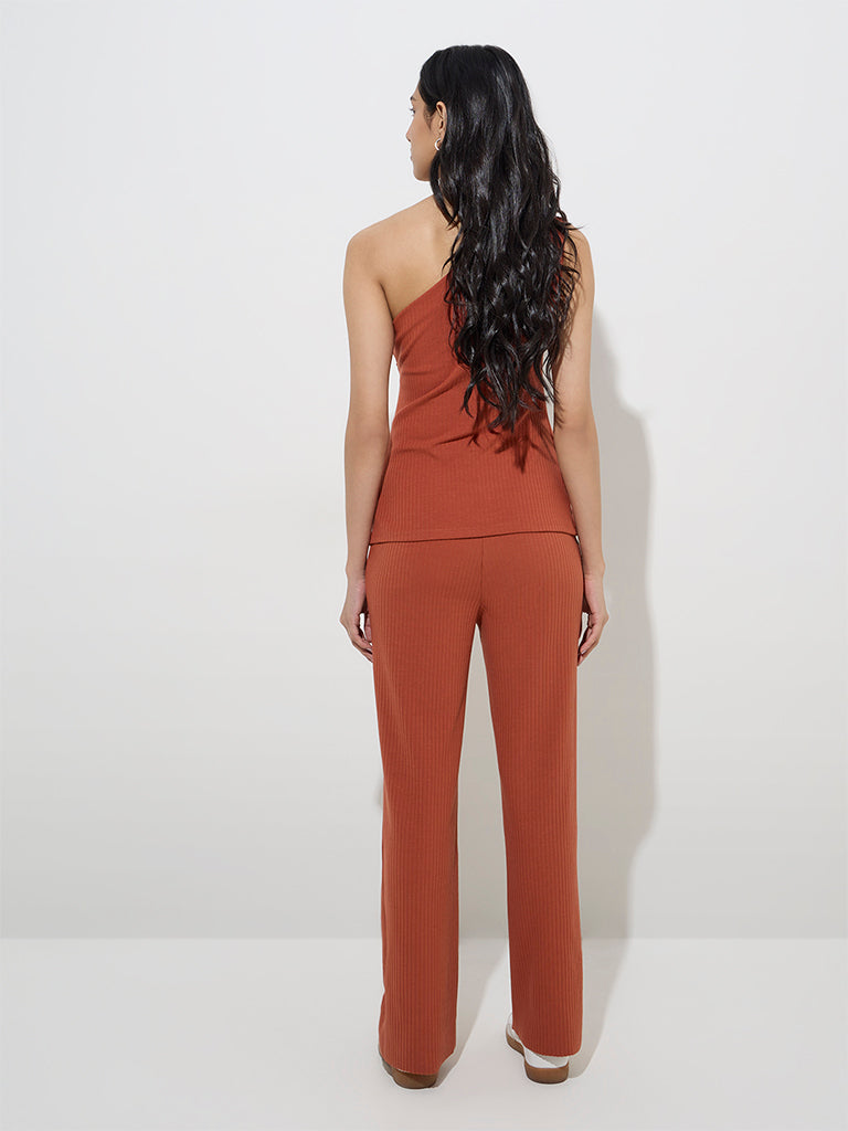 LOV Rust Ribbed-Textured Cotton-Blend High-Rise Pants - Image 5