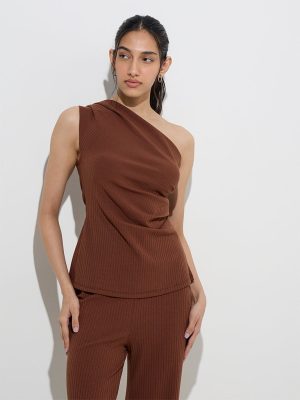 LOV Brown Ribbed One-Shoulder Cotton-Blend Top