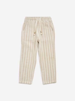 HOP Kids Beige Striped Mid-Rise Cotton Pants