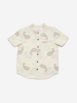 HOP Kids Beige Paisley Print Cotton-Blend Shirt