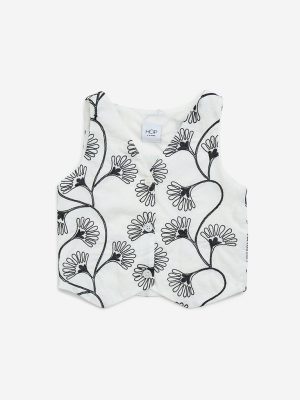HOP Kids White Floral Embroidered Cotton Waistcoat