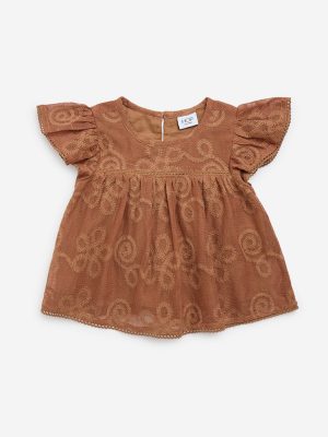 HOP Kids Brown Embroidered Cotton-Blend Peplum Top