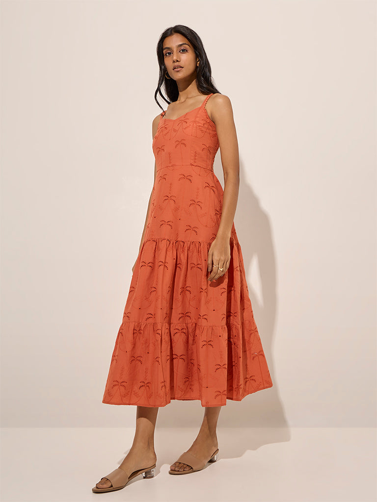 LOV Orange Tropical Embroidered A-Line Cotton Dress - Image 3