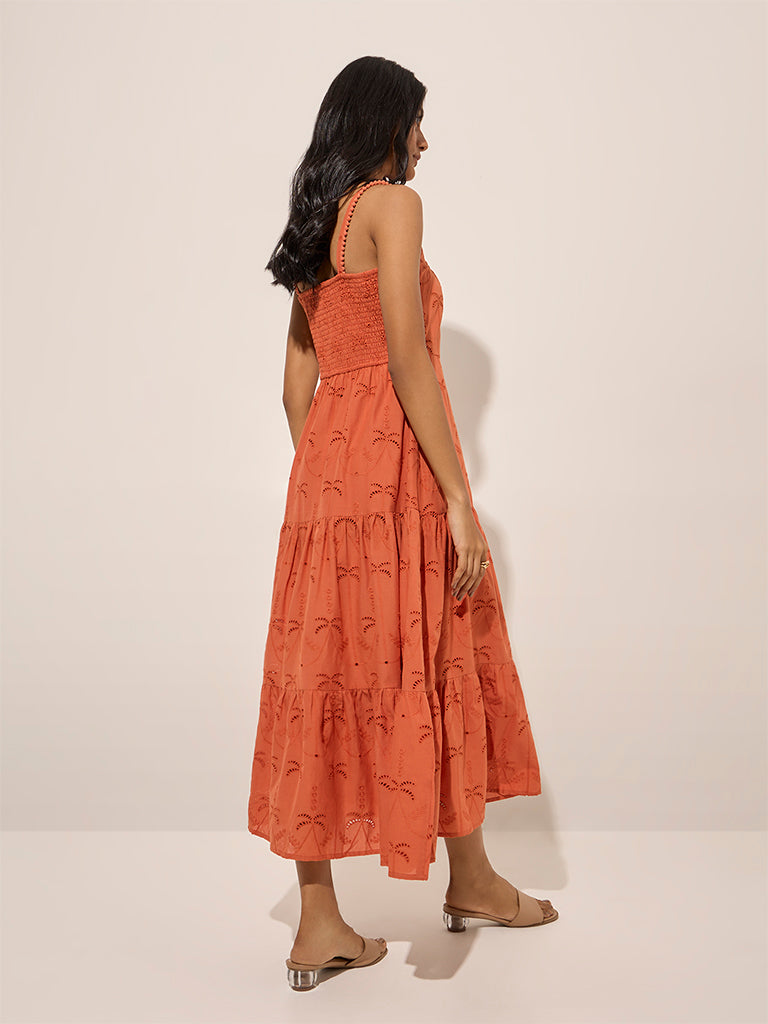 LOV Orange Tropical Embroidered A-Line Cotton Dress - Image 4