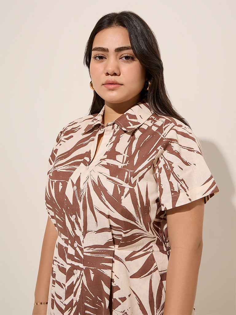 Gia Brown Leaf Printed Cotton A-Line Dress - Image 2