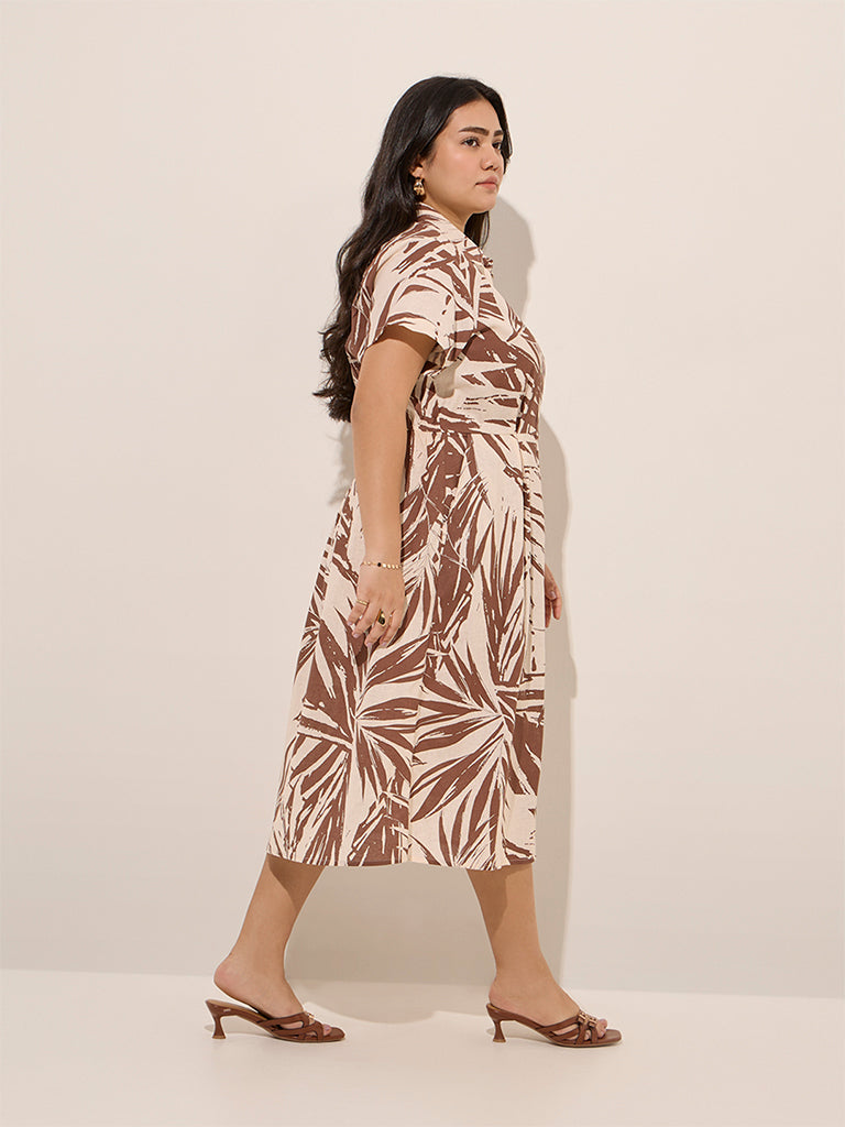 Gia Brown Leaf Printed Cotton A-Line Dress - Image 3