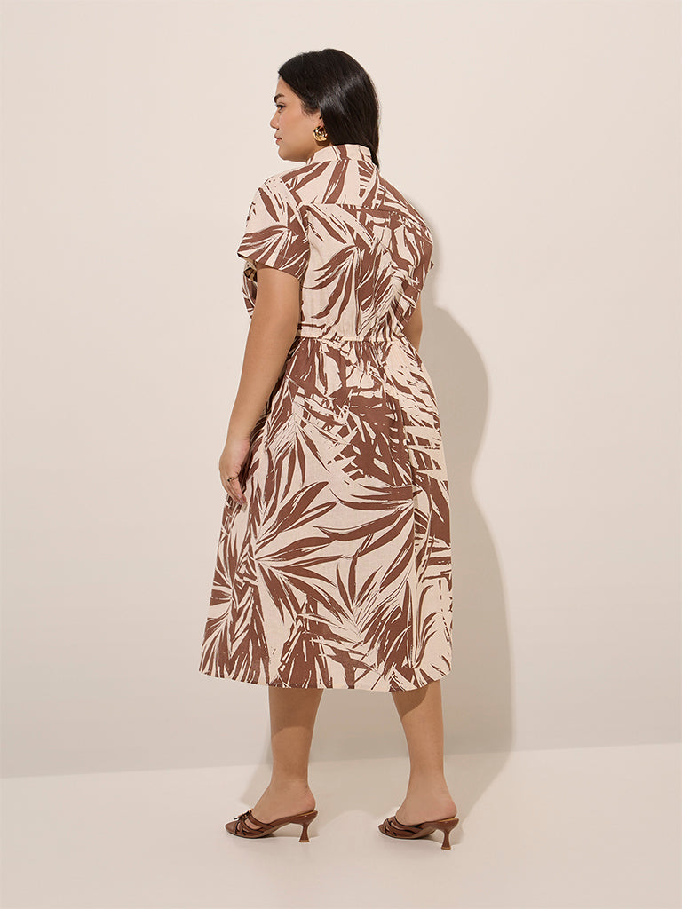 Gia Brown Leaf Printed Cotton A-Line Dress - Image 4