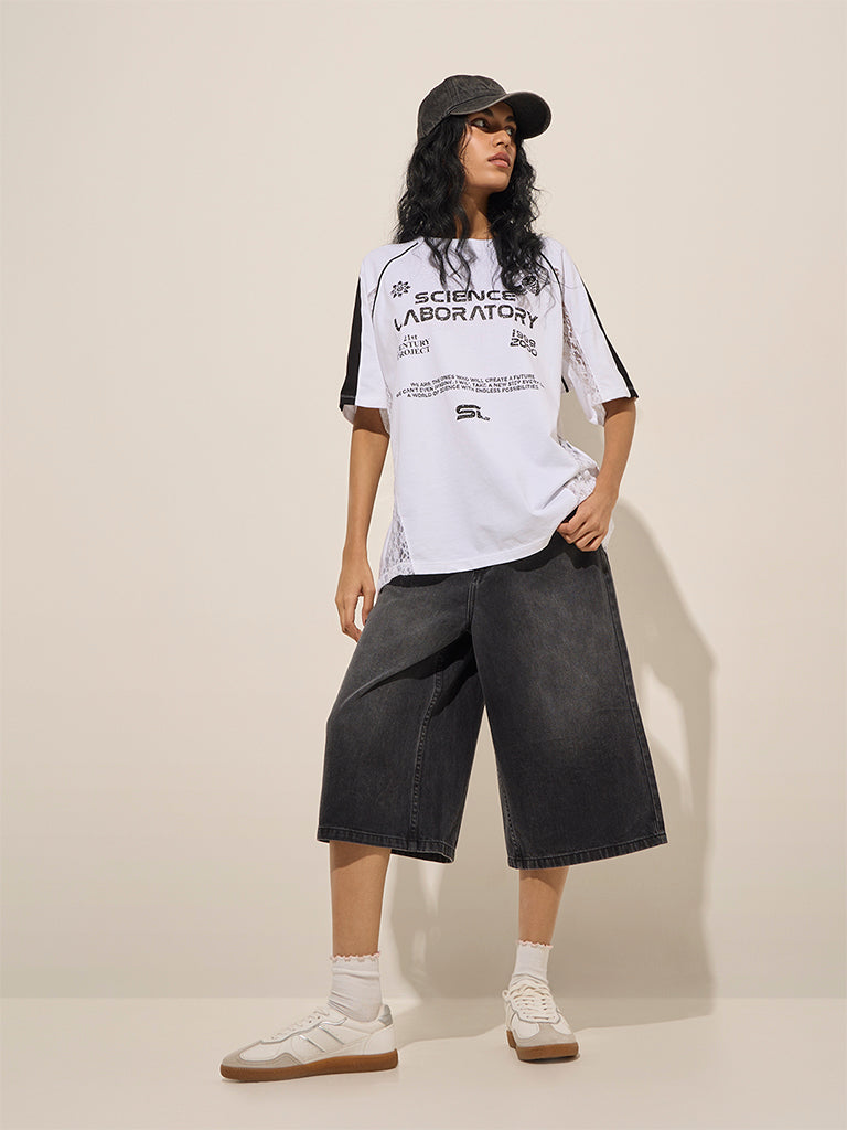 Nuon White Text-Printed Lace Cotton T-Shirt - Image 3