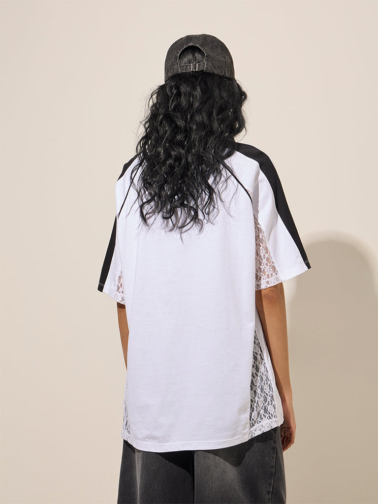 Nuon White Text-Printed Lace Cotton T-Shirt - Image 4