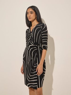 Wardrobe Black Abstract Printed Wrap-Style Dress