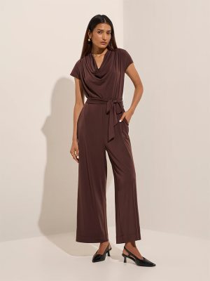Wardrobe Brown Solid Jumpsuit with Belt