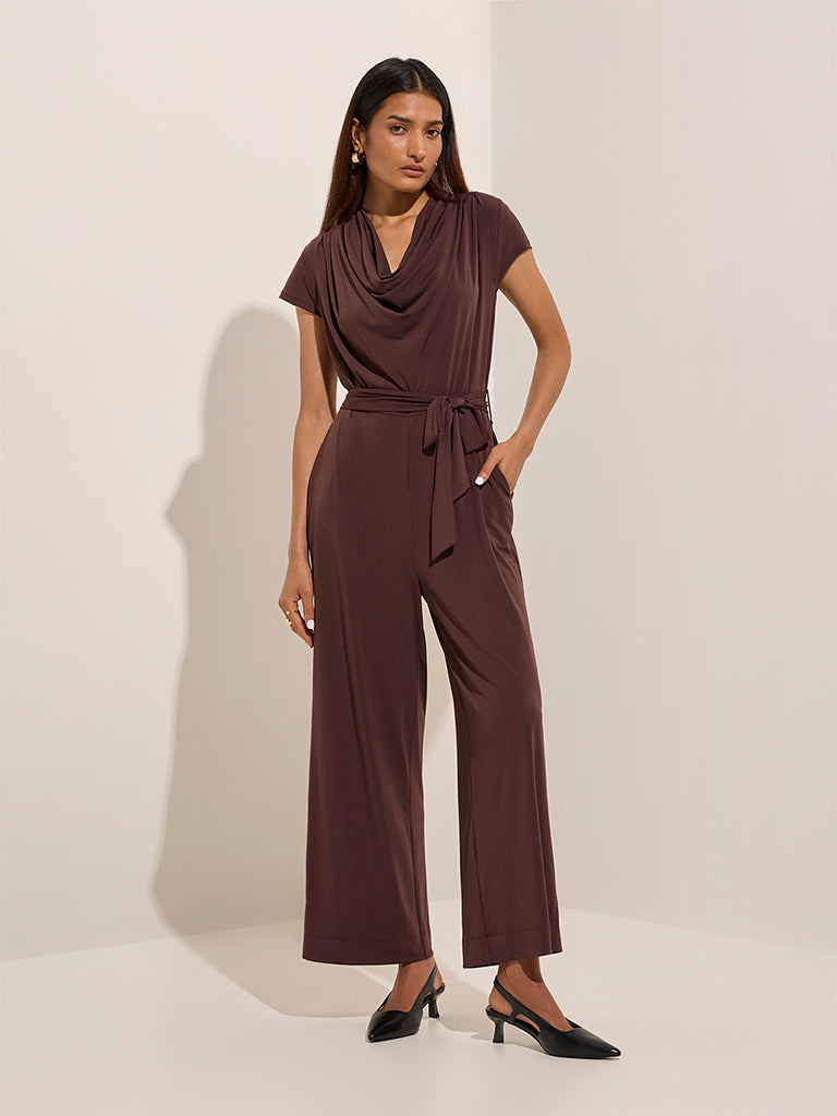 Wardrobe Brown Solid Jumpsuit with Belt