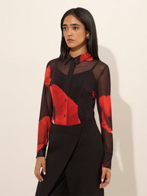 Wardrobe Black Floral Printed Mesh Shirt with Camisole