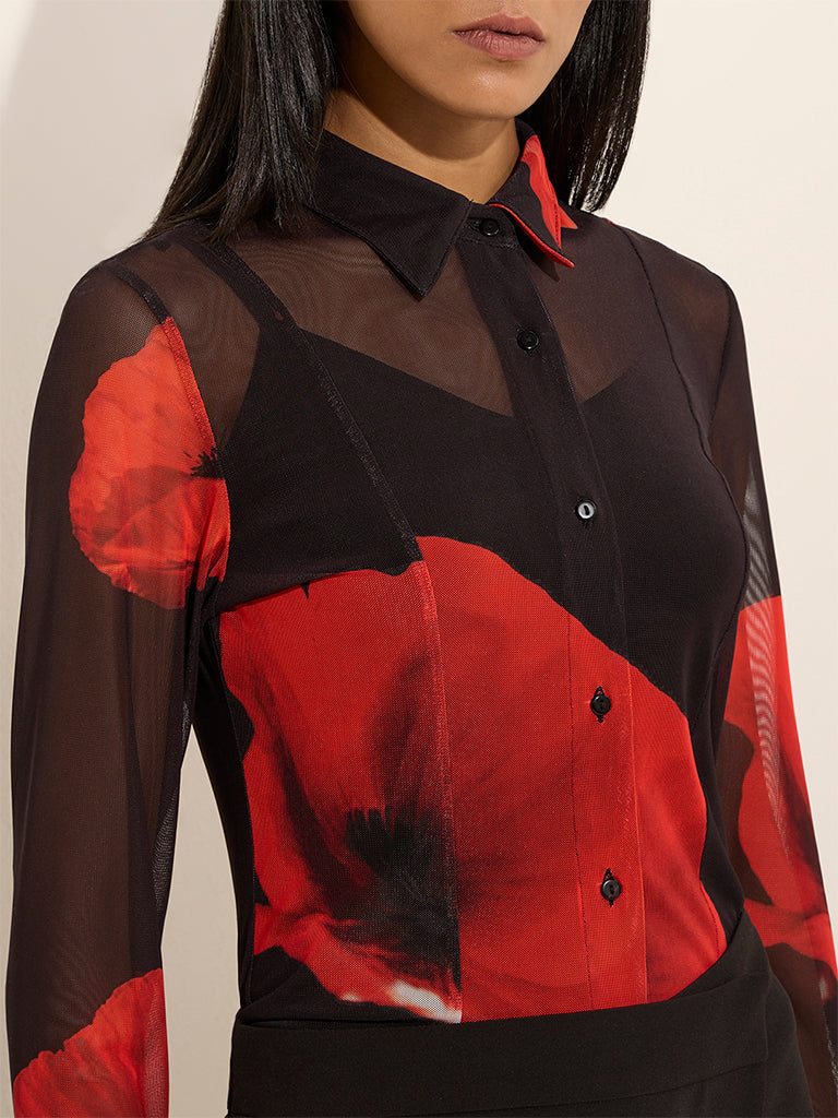 Wardrobe Black Floral Printed Mesh Shirt with Camisole - Image 2