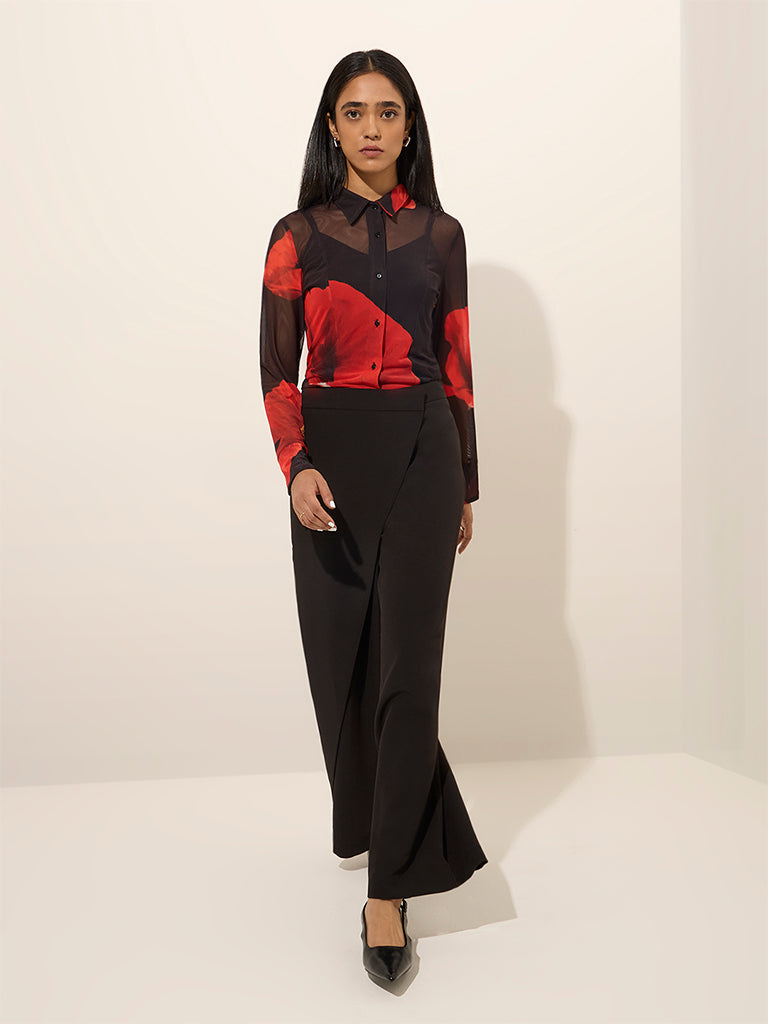 Wardrobe Black Floral Printed Mesh Shirt with Camisole - Image 3