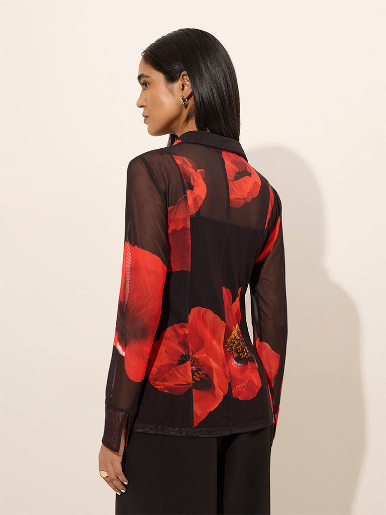 Wardrobe Black Floral Printed Mesh Shirt with Camisole - Image 4