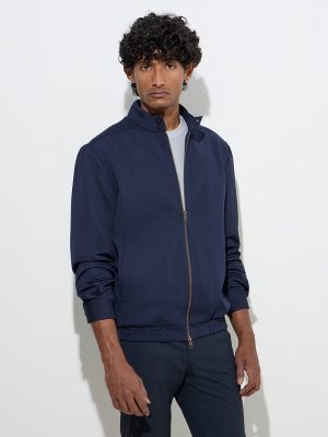 WES Formals Navy Solid Slim-Fit Jacket