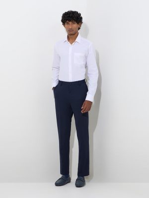 WES Formals Navy Solid Slim-Fit Mid-Rise Trousers