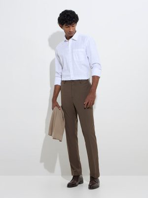 WES Formals Dark Brown Relaxed-Fit Mid-Rise Trousers