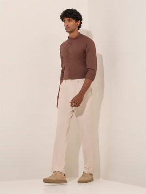 WES Formals Beige Relaxed-Fit Mid-Rise Trousers