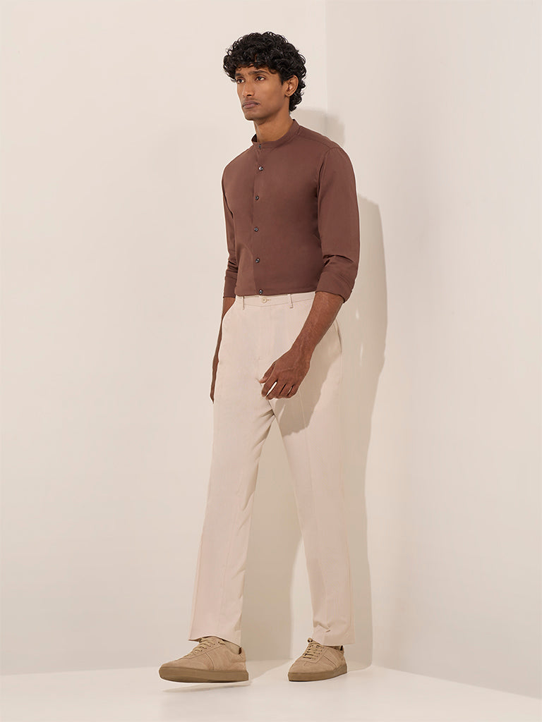 WES Formals Beige Relaxed-Fit Mid-Rise Trousers