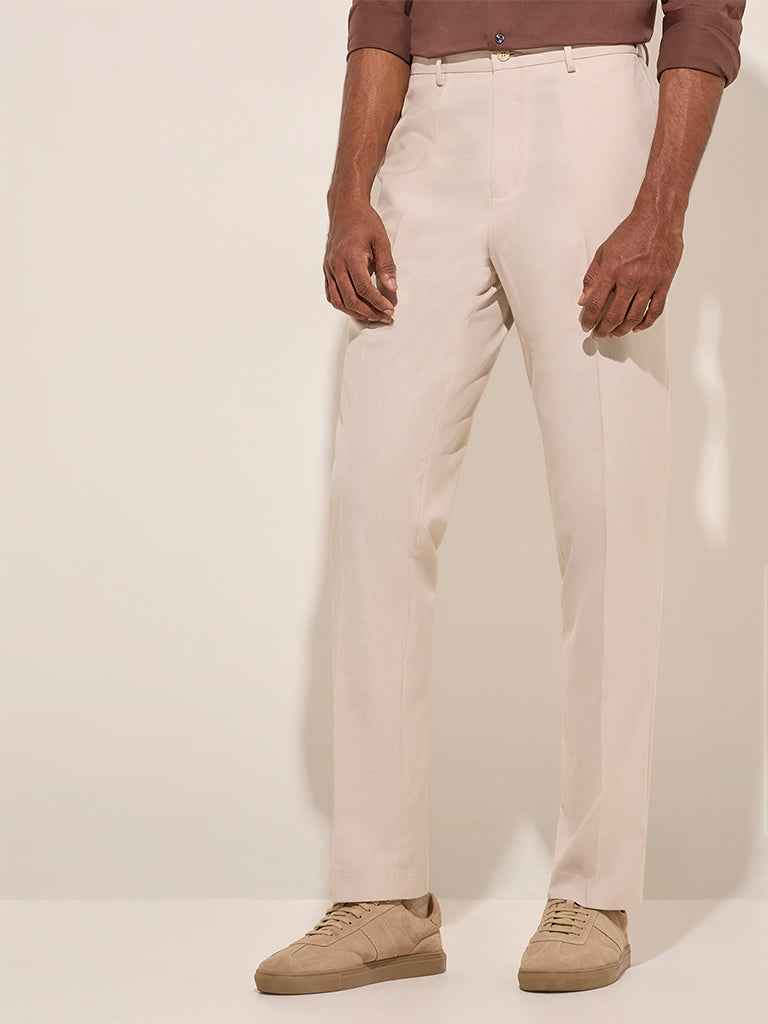 WES Formals Beige Relaxed-Fit Mid-Rise Trousers - Image 3