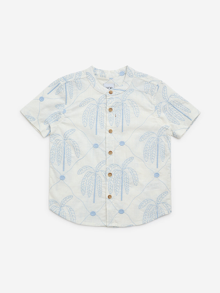 HOP Kids White Foliage Embroidered Cotton Shirt