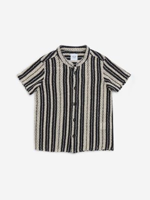 HOP Kids Black Striped Crochet Cotton-Blend Shirt