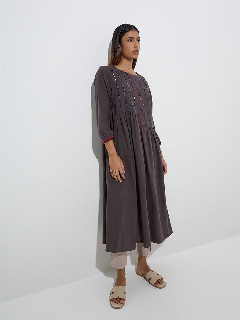 Utsa Charcoal Mirror Embroidered Fit-and-Flare Cotton Kurta - Image 3